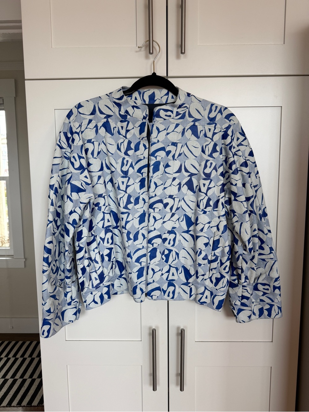 Women's Blue & White Patterned Bomber Jacket